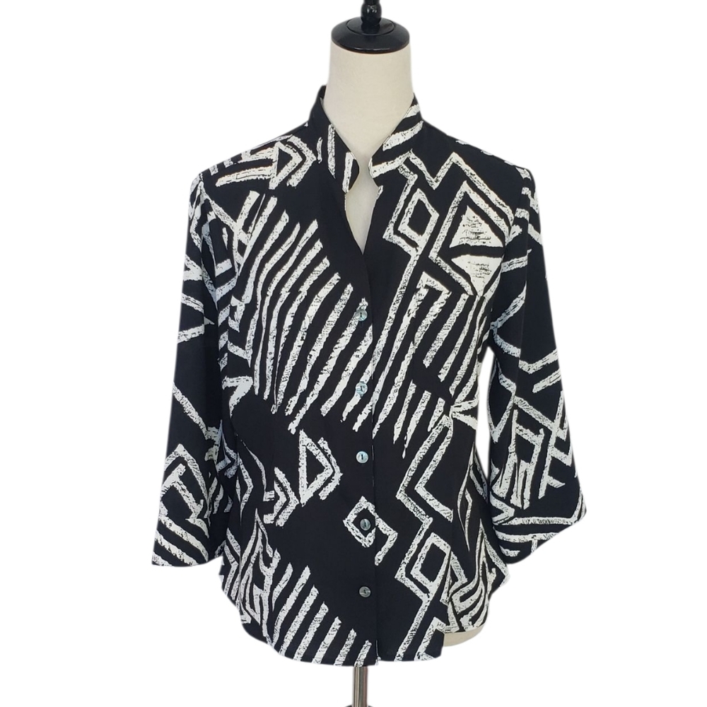 Kathy Che Vintage Black & White Mandarin Collar Funky Geo Print Blouse 90s Sz 8